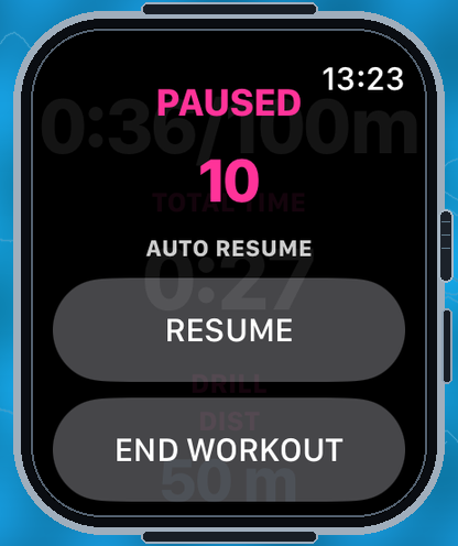 SwimAppPlus paused workout screen