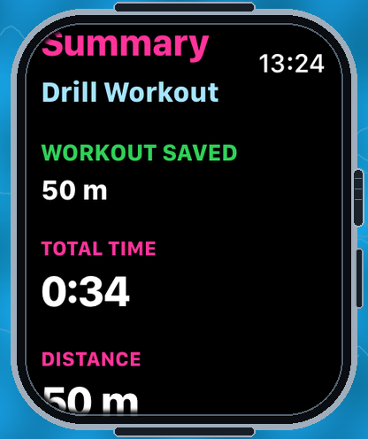 SwimAppPlus saved workout summary screen