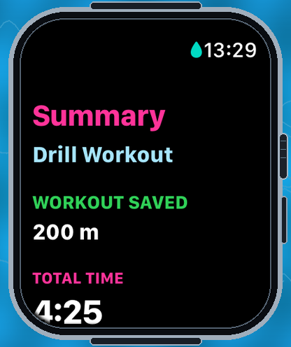 SwimAppPlus workout summary distance screen